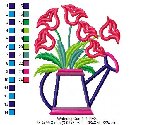 Tulips Watering Can - Applique - Machine Embroidery Design