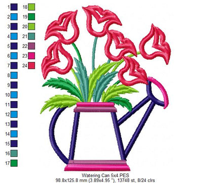 Tulips Watering Can - Applique - Machine Embroidery Design
