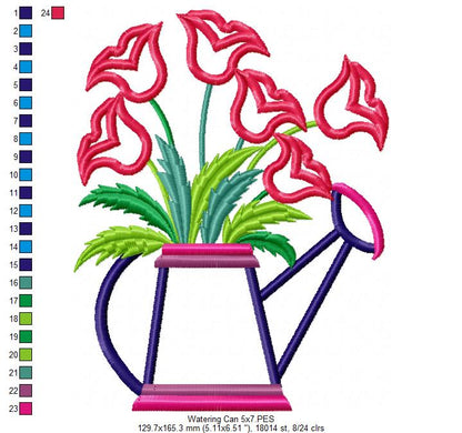 Tulips Watering Can - Applique - Machine Embroidery Design