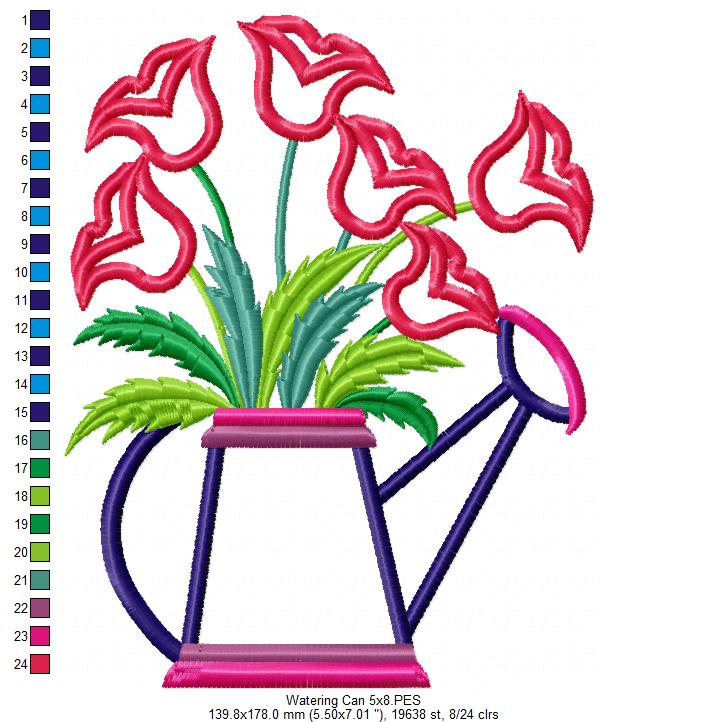 Tulips Watering Can - Applique - Machine Embroidery Design