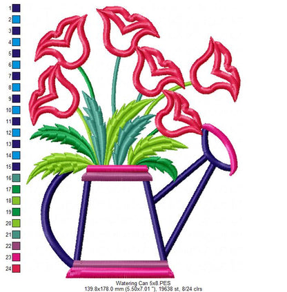 Tulips Watering Can - Applique - Machine Embroidery Design