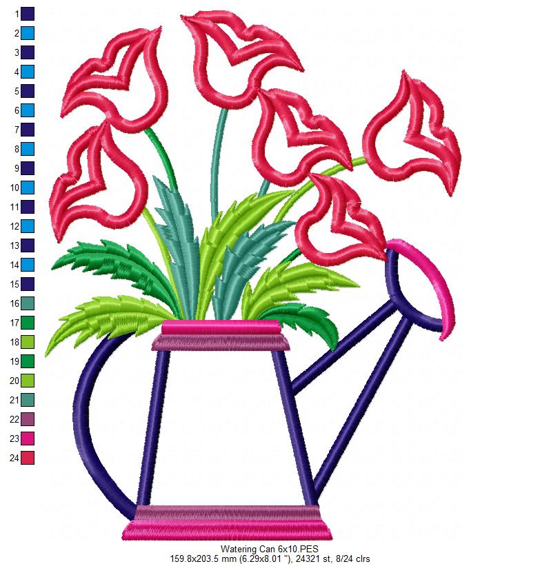 Tulips Watering Can - Applique - Machine Embroidery Design