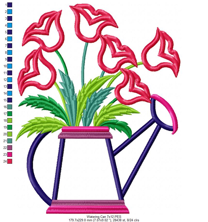 Tulips Watering Can - Applique - Machine Embroidery Design