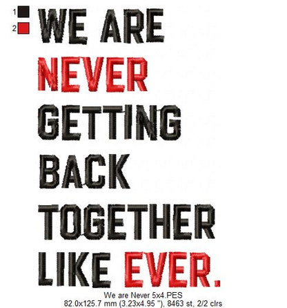 Taylor Swift Eras Tour We Are Never Getting Back Together Like Ever - Fill Stitch