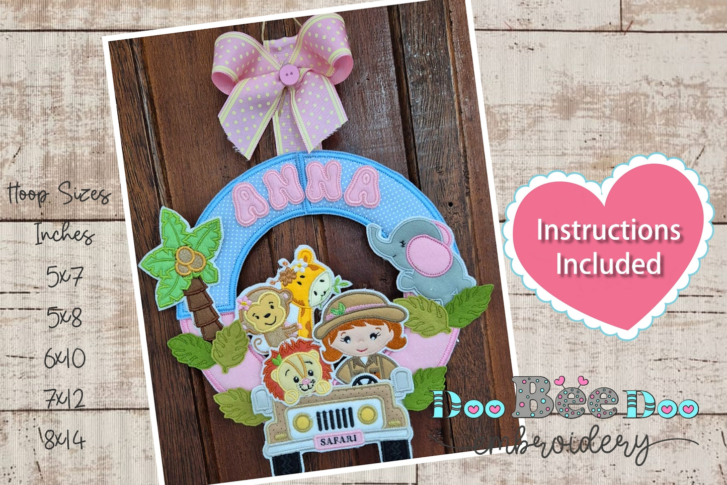 Safari Wreath Door Ornament Girl - ITH Project - Machine Embroidery Design