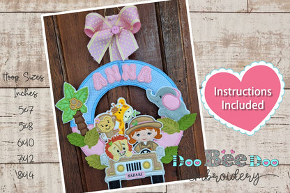 Safari Wreath Door Ornament Girl - ITH Project - Machine Embroidery Design
