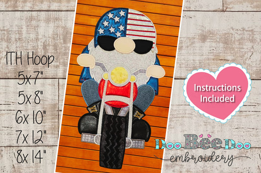 4th of July Gnome on Motorcycle - ITH Project - Machine Embroidery Design
