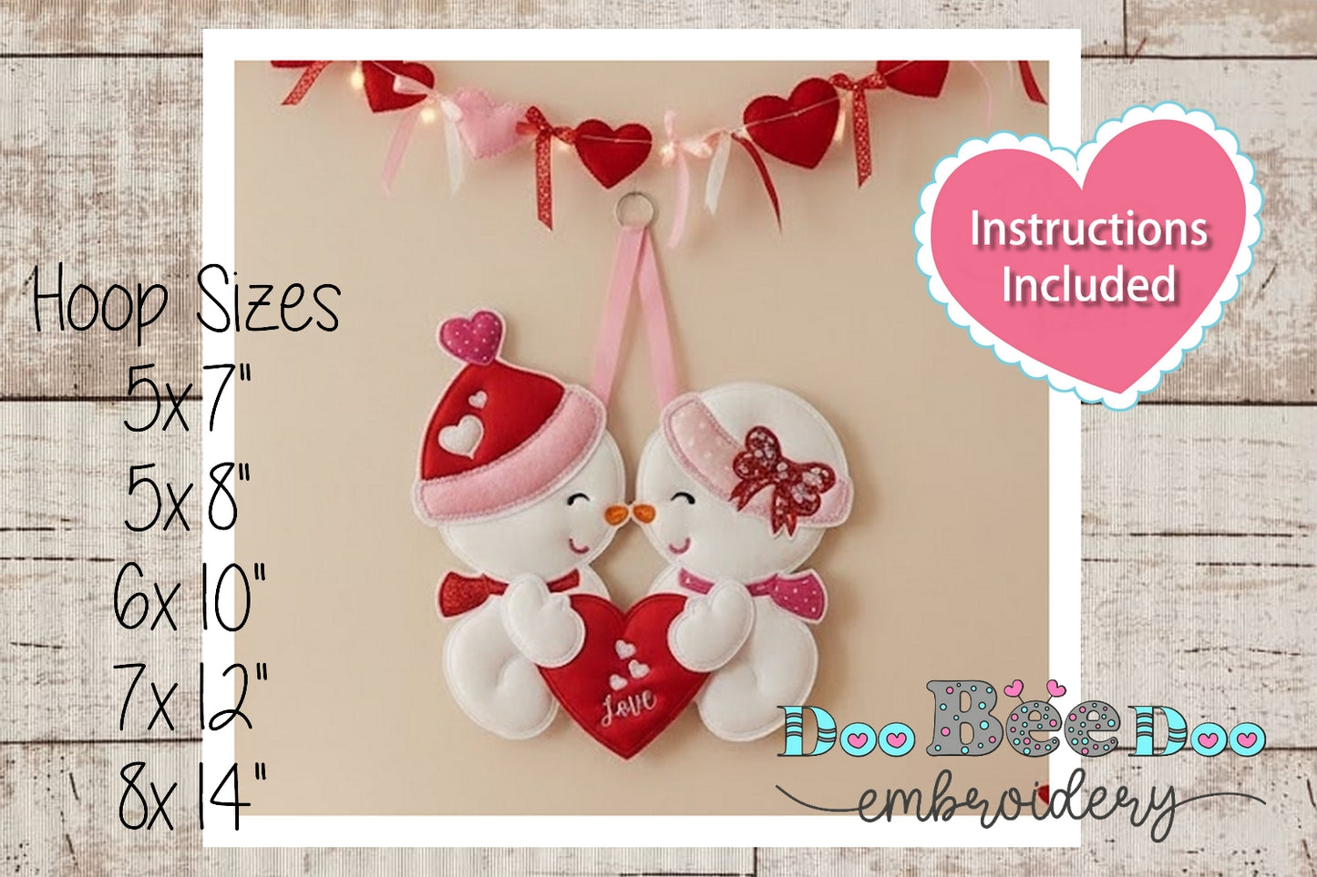 Valentines Snowman Couple Door Ornament - ITH Project - Machine Embroidery Design