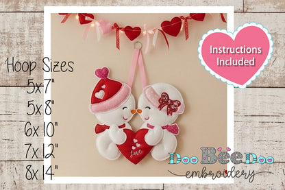 Valentines Snowman Couple Door Ornament - ITH Project - Machine Embroidery Design