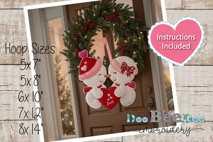 Valentines Snowman Couple Door Ornament - ITH Project - Machine Embroidery Design