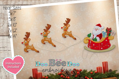 Santa Sleigh with Reindeer and Presents – ITH Project – Machine Embroidery Design