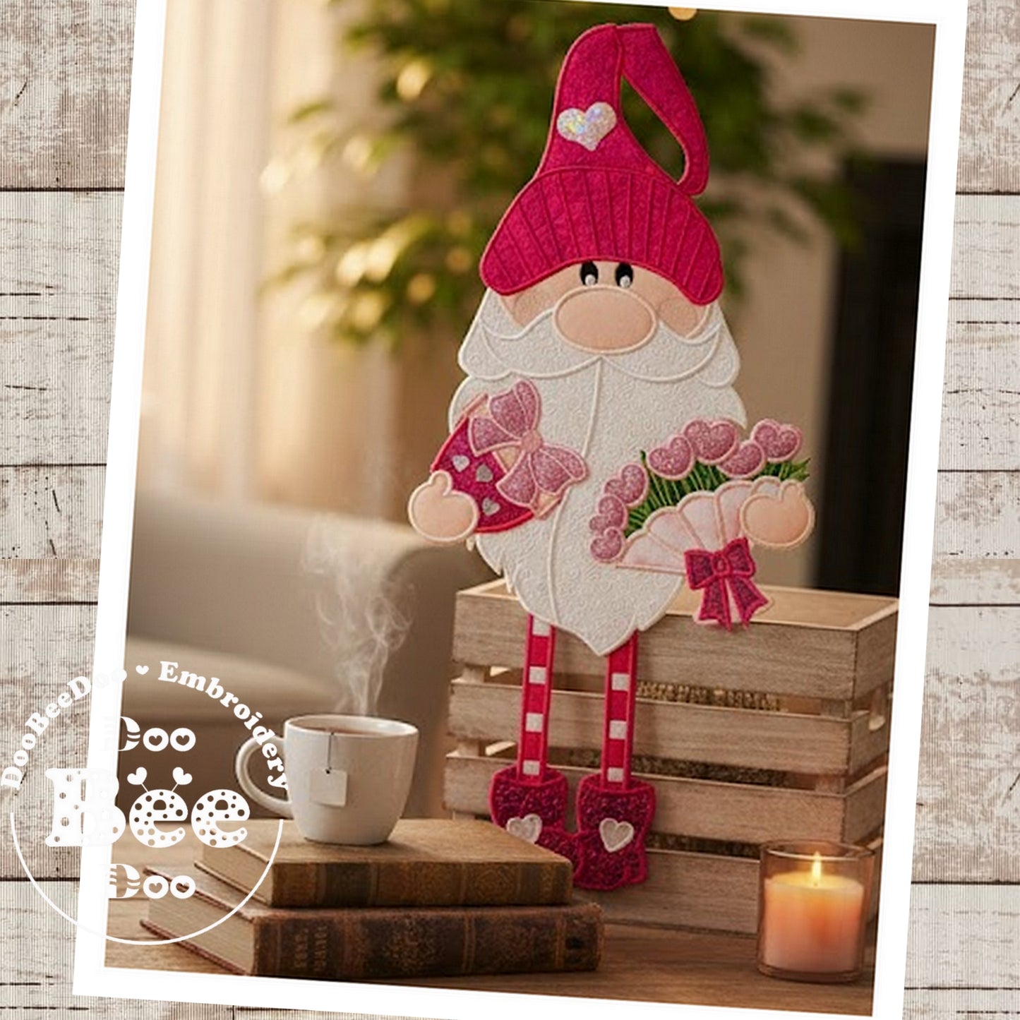 Valentine Gnome Girl with Gifts and Flowers – ITH Project – Machine Embroidery Design