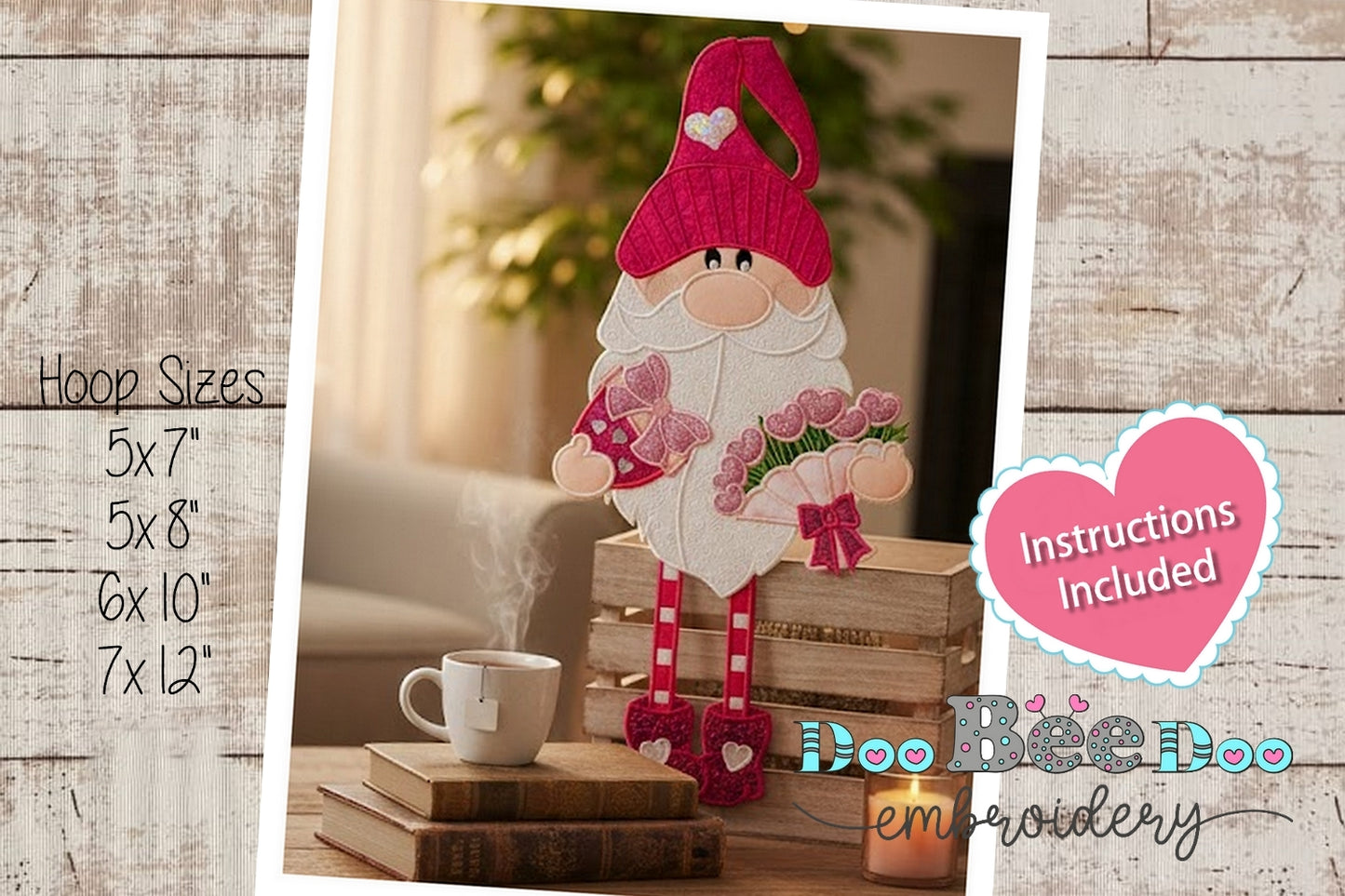 Valentine Gnome Girl with Gifts and Flowers – ITH Project – Machine Embroidery Design