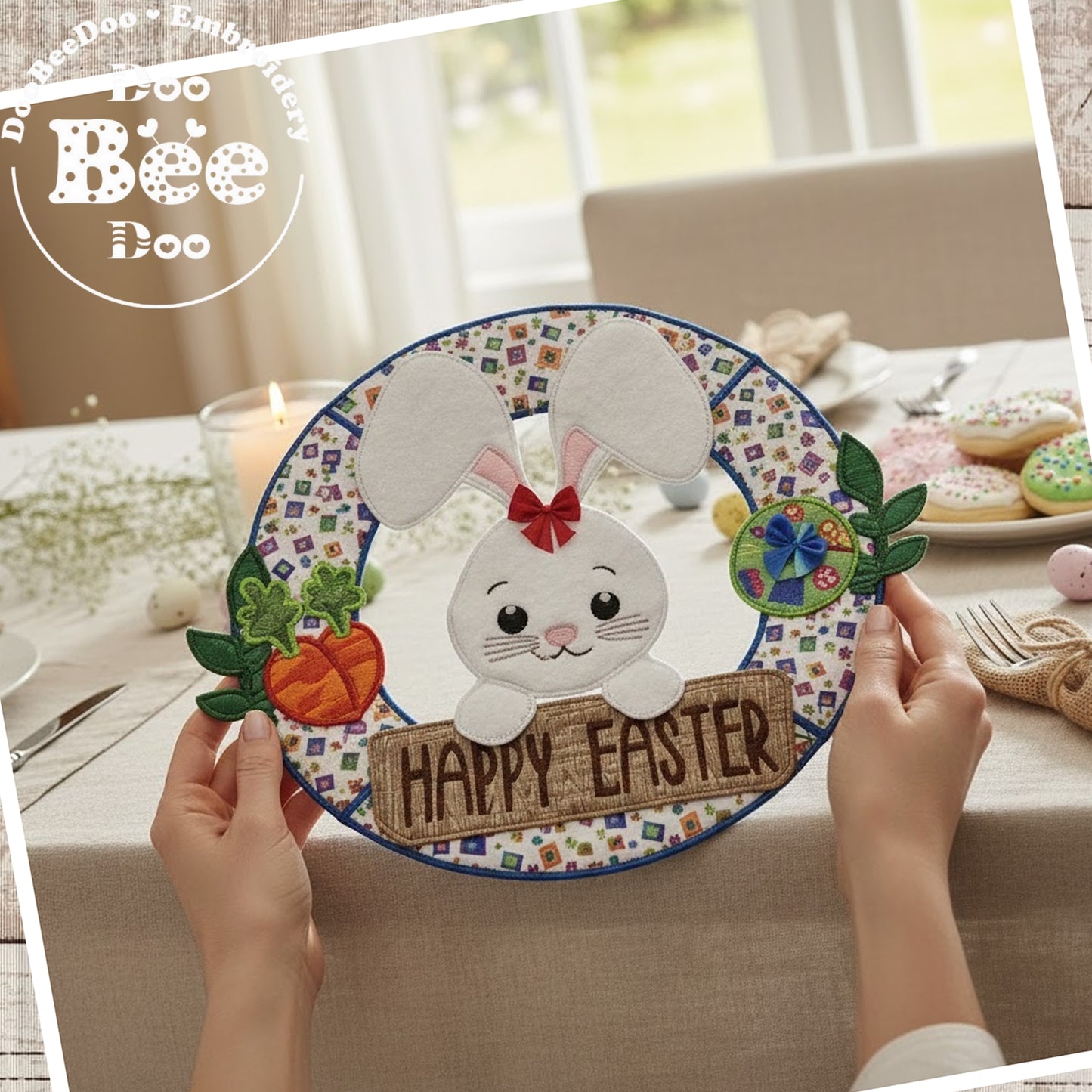 Happy Easter Bunny Wreath Spring – ITH Project – Machine Embroidery Design