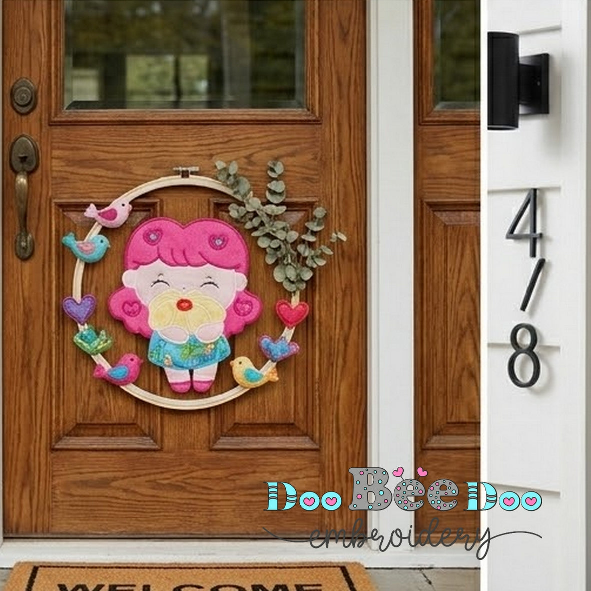 Cute Girl Spring Door Hanger – ITH Project – Machine Embroidery Design
