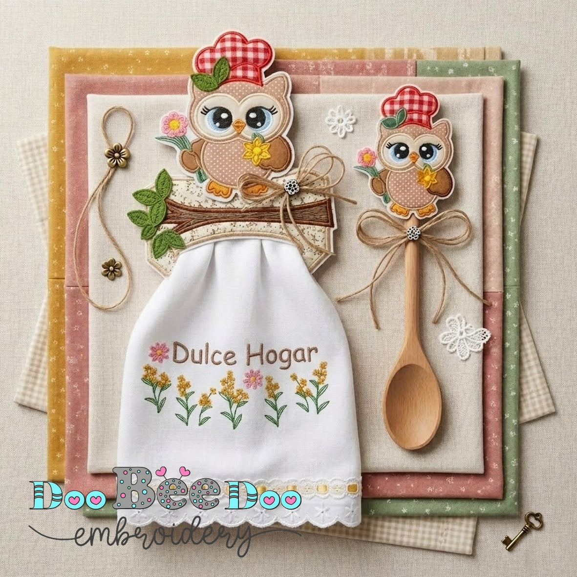 Owl Kitchen Towel Holder and Spoon Decoration Set – ITH Project – Machine Embroidery Design