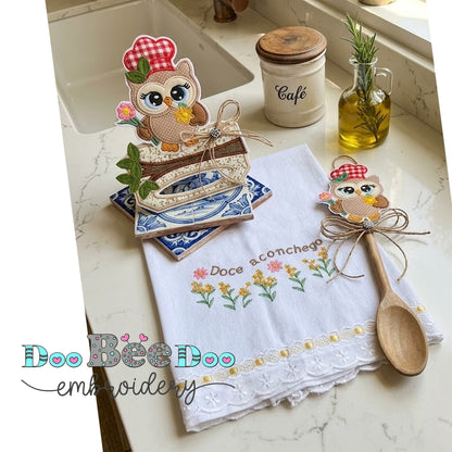 Owl Kitchen Towel Holder and Spoon Decoration Set – ITH Project – Machine Embroidery Design