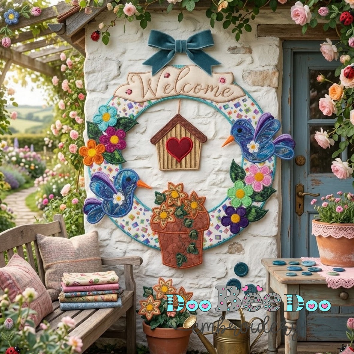 Welcome Hummingbird Floral Wreath – ITH Project – Machine Embroidery Design