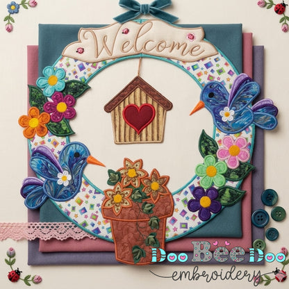 Welcome Hummingbird Floral Wreath – ITH Project – Machine Embroidery Design