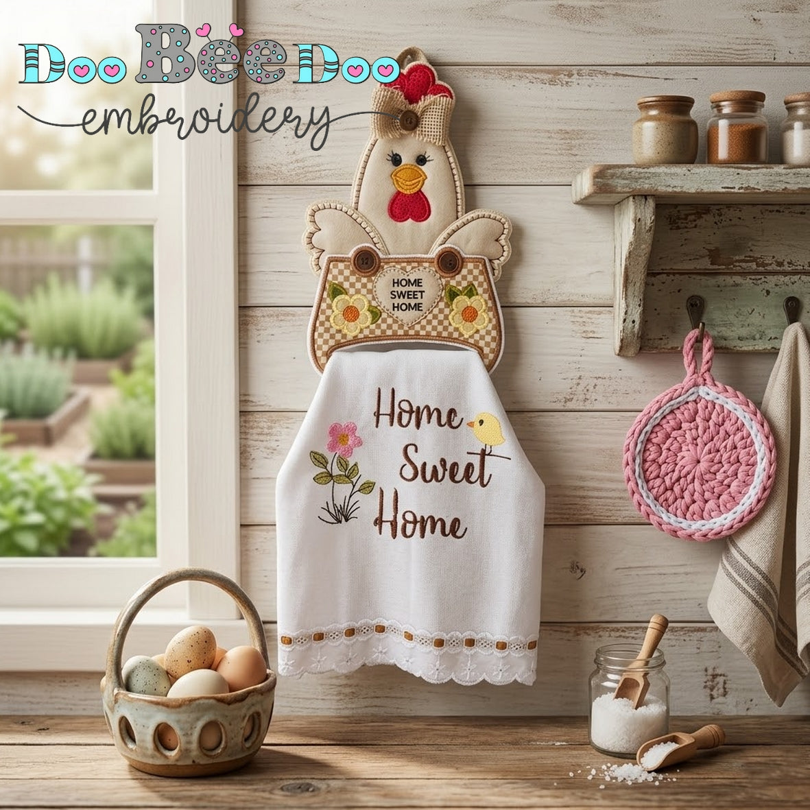 Sassy Hen Chicken Home Sweet Home Towel Holder – ITH Project – Machine Embroidery Design
