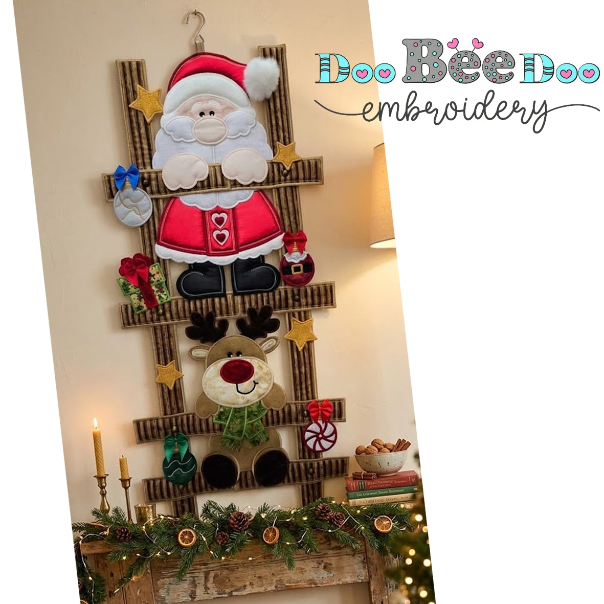 Santa and Reindeer Christmas Ladder Door Hanger – ITH Project – Machine Embroidery Design