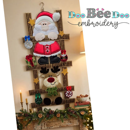 Santa and Reindeer Christmas Ladder Door Hanger – ITH Project – Machine Embroidery Design