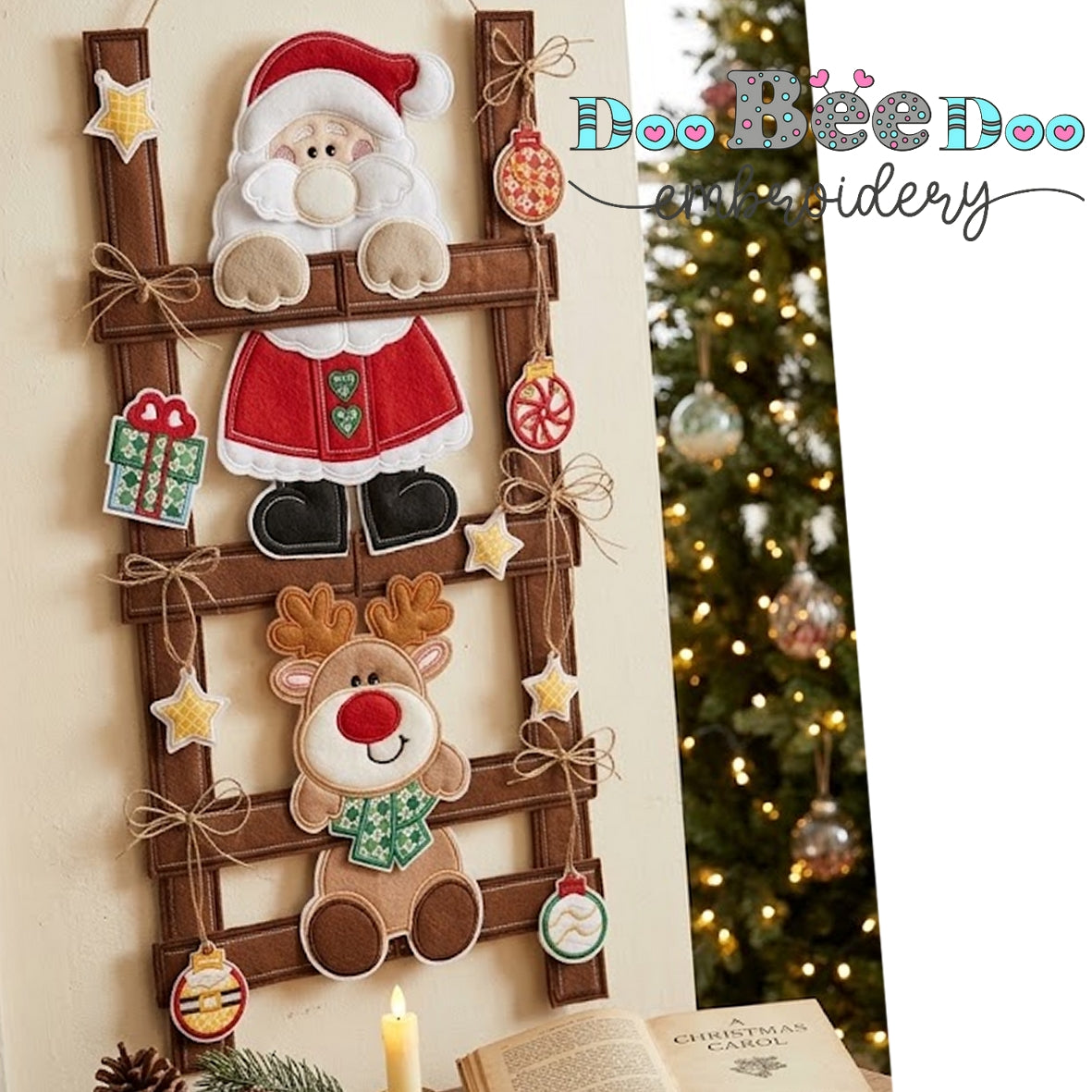 Santa and Reindeer Christmas Ladder Door Hanger – ITH Project – Machine Embroidery Design