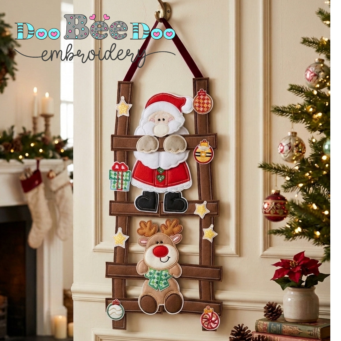 Santa and Reindeer Christmas Ladder Door Hanger – ITH Project – Machine Embroidery Design