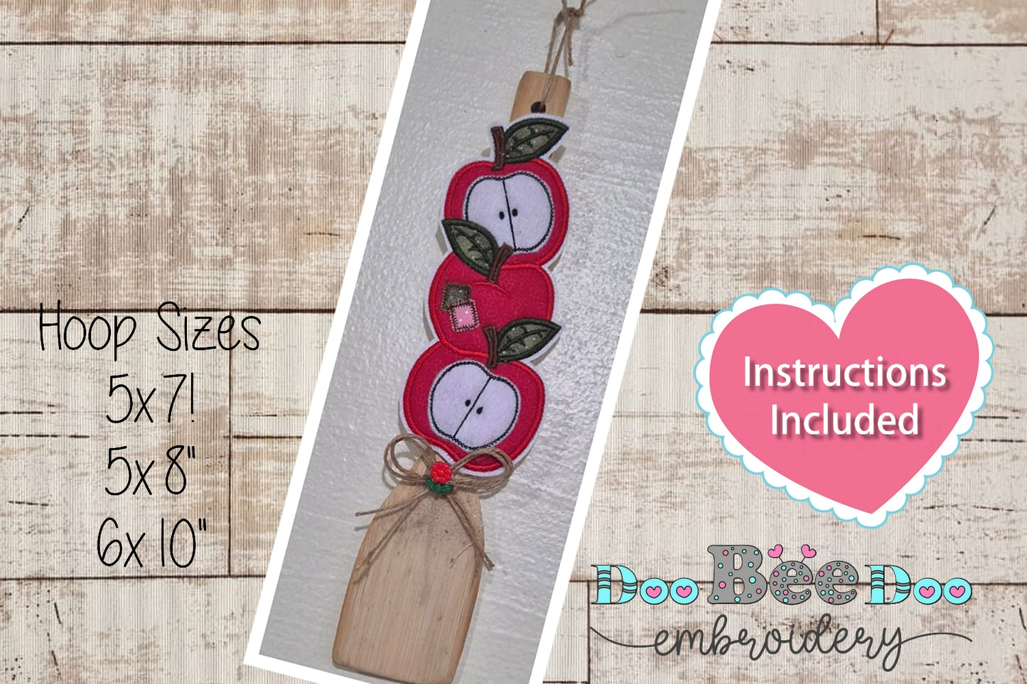 Red Apples Wooden Spoon Decoration – ITH Project – Machine Embroidery Design