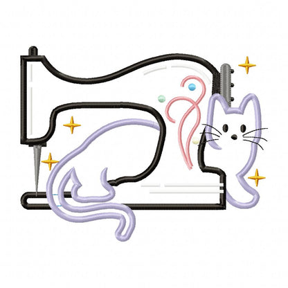 White Cat and a Vintage Sewing Machine - Applique - Machine Embroidery Design