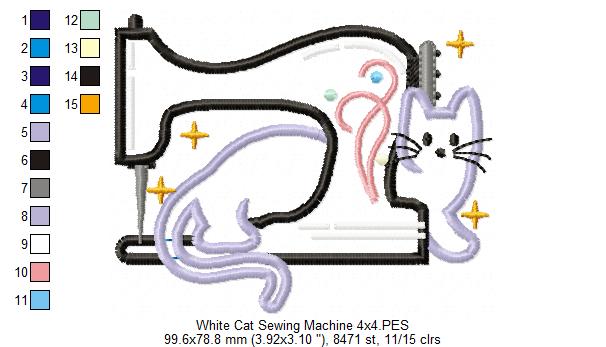 White Cat and a Vintage Sewing Machine - Applique - Machine Embroidery Design