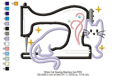 White Cat and a Vintage Sewing Machine - Applique - Machine Embroidery Design