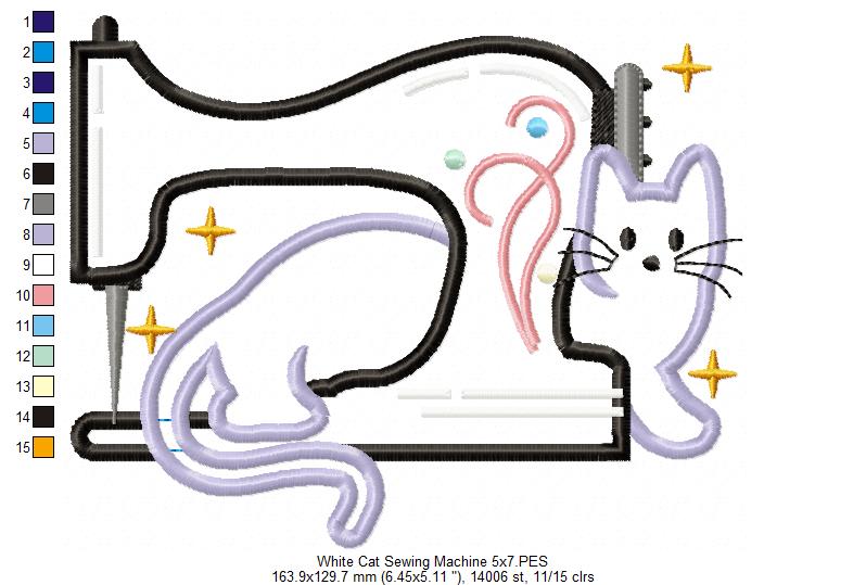 White Cat and a Vintage Sewing Machine - Applique - Machine Embroidery Design