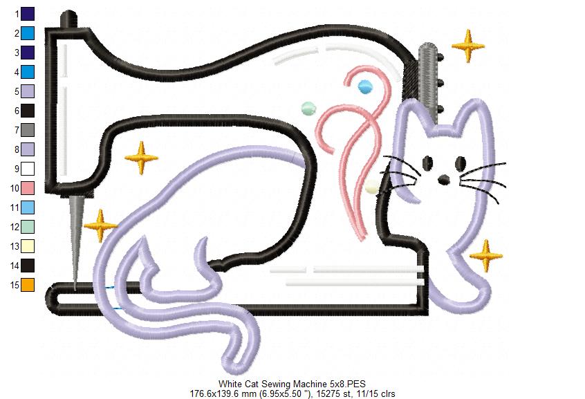 White Cat and a Vintage Sewing Machine - Applique - Machine Embroidery Design