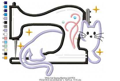White Cat and a Vintage Sewing Machine - Applique - Machine Embroidery Design