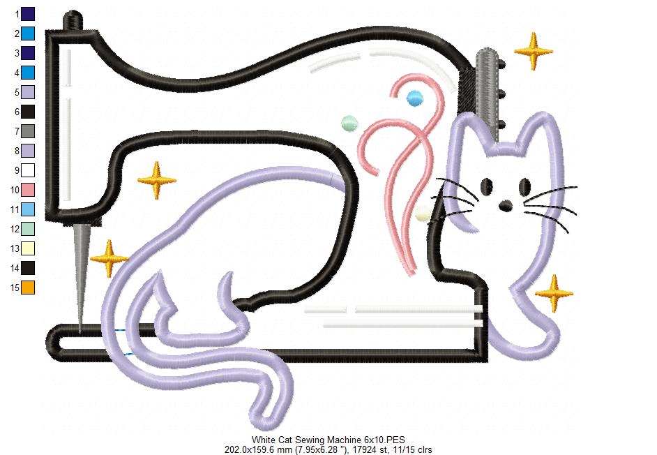 White Cat and a Vintage Sewing Machine - Applique - Machine Embroidery Design