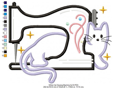 White Cat and a Vintage Sewing Machine - Applique - Machine Embroidery Design