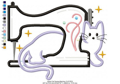 White Cat and a Vintage Sewing Machine - Applique - Machine Embroidery Design