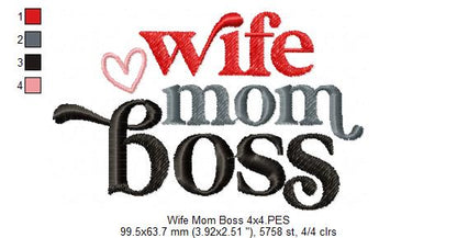 Wife Mom Boss - Fill Stitch - Machine Embroidery Design