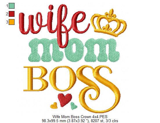 Wife Mom Boss Crown - Fill Stitch - Machine Embroidery Design