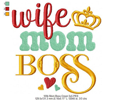 Wife Mom Boss Crown - Fill Stitch - Machine Embroidery Design