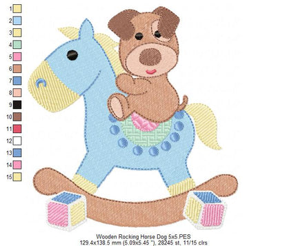 Puppy and Wooden Rocking Horse - Fill Stitch Embroidery