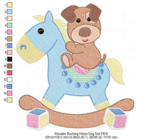 Puppy and Wooden Rocking Horse - Fill Stitch Embroidery