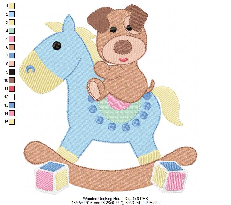 Puppy and Wooden Rocking Horse - Fill Stitch Embroidery