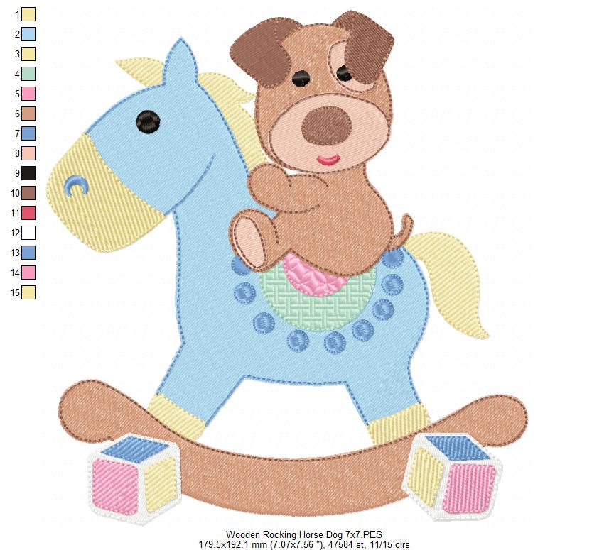 Puppy and Wooden Rocking Horse - Fill Stitch Embroidery