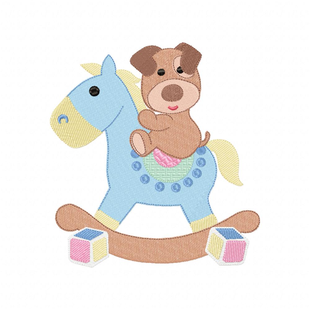 Puppy and Wooden Rocking Horse - Fill Stitch Embroidery