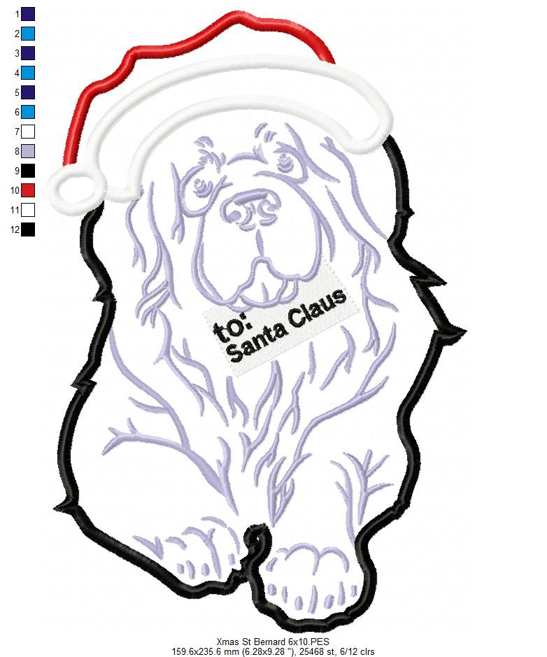 Christmas Saint Bernard Dog - Applique - Machine Embroidery Design