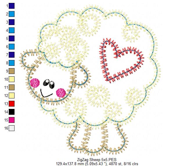 Cute Sheep - Zig Zag Applique - Machine Embroidery Design
