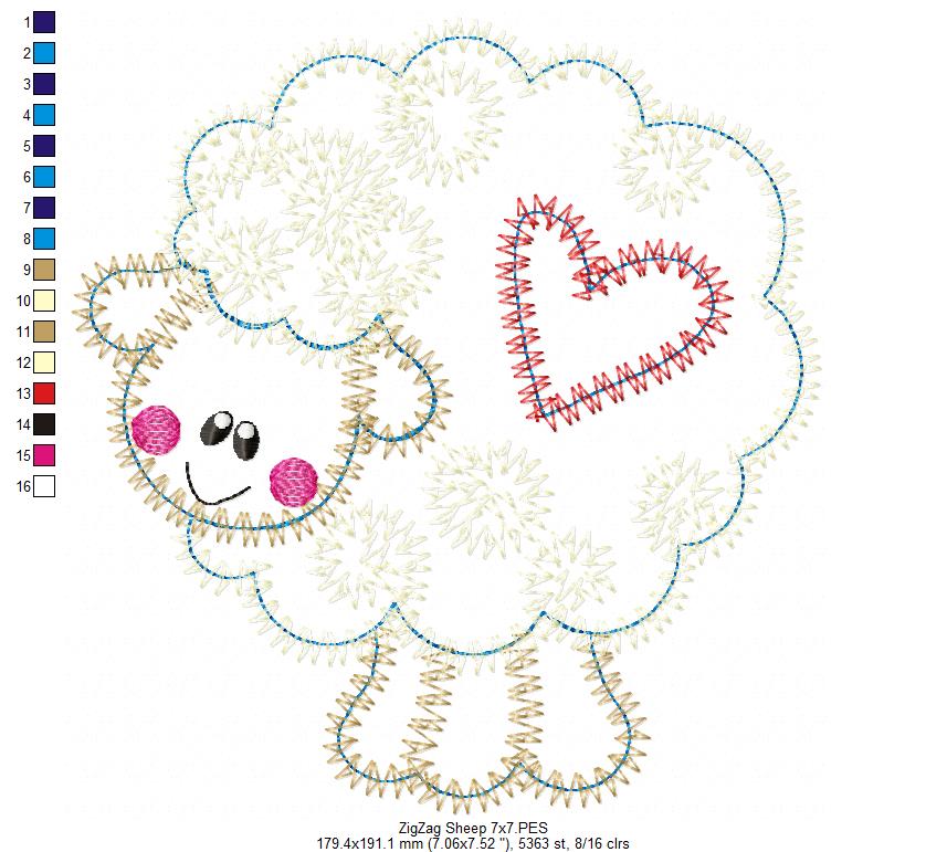 Cute Sheep - Zig Zag Applique - Machine Embroidery Design