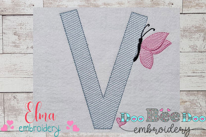 Monogram V Letter V Butterfly - Rippled Stitch